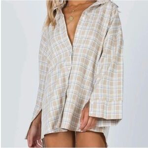 Princess Polly Beige and Blue Plaid Shirt Dress